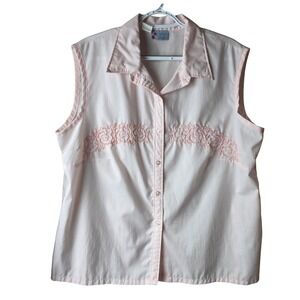 David Peete Womens 20W Pink Sleeveless Button Front Blouse Floral Embroidered Vi